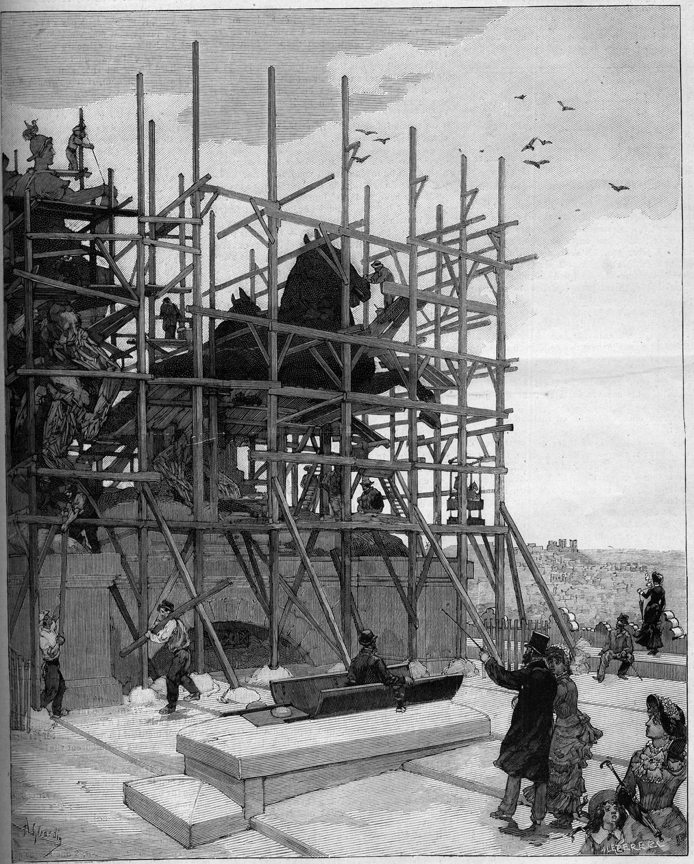 Arc de triomphe de Paris: stato attuale dei lavori di costruzione della scultura di Alexandre Falguiere (1831-1900) o "Trionfo della Repubblica" da Auguste (after) Gerardin