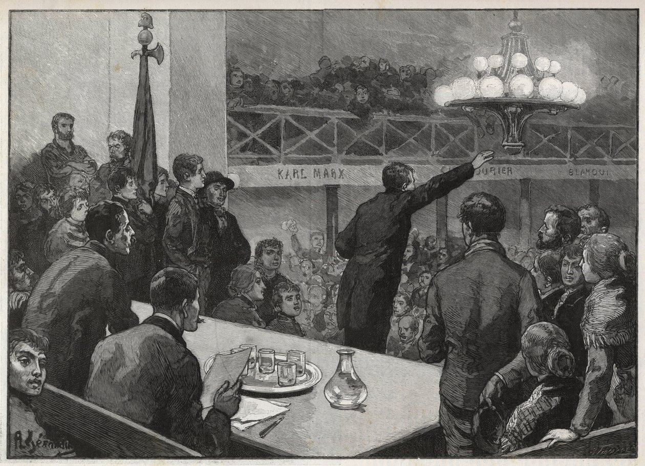 Riunione per lo sciopero al Vooruit nel 1885 - incisione del 1885 