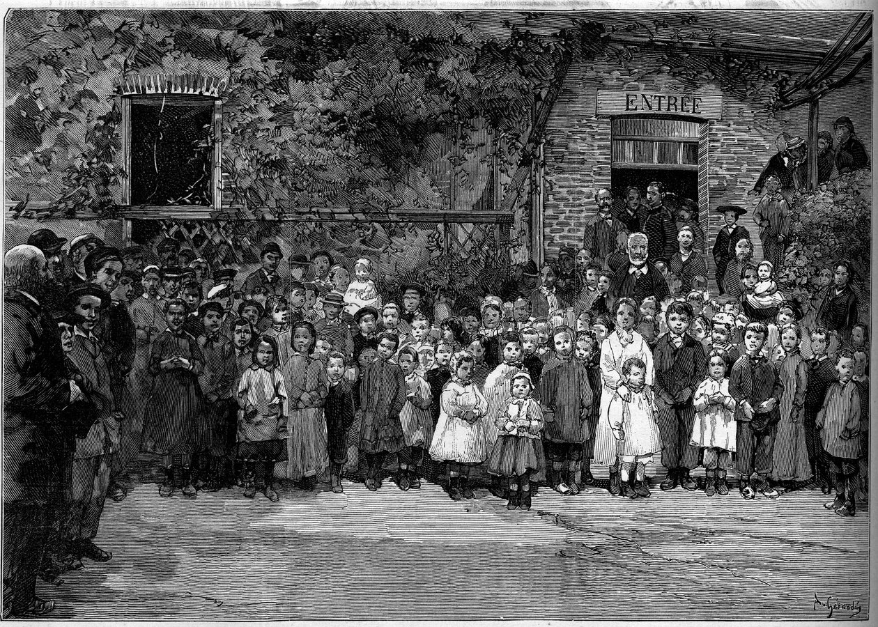 Victor Hugo (1802-1885) con i bambini poveri di Veules en Caux (Veules-en-Caux) ai quali offrì un banchetto il 24 settembre 1882. Incisione di Gerardin in "Le Monde Illustré" n.1333 del 14 ottobre 1882 da Auguste (after) Gerardin