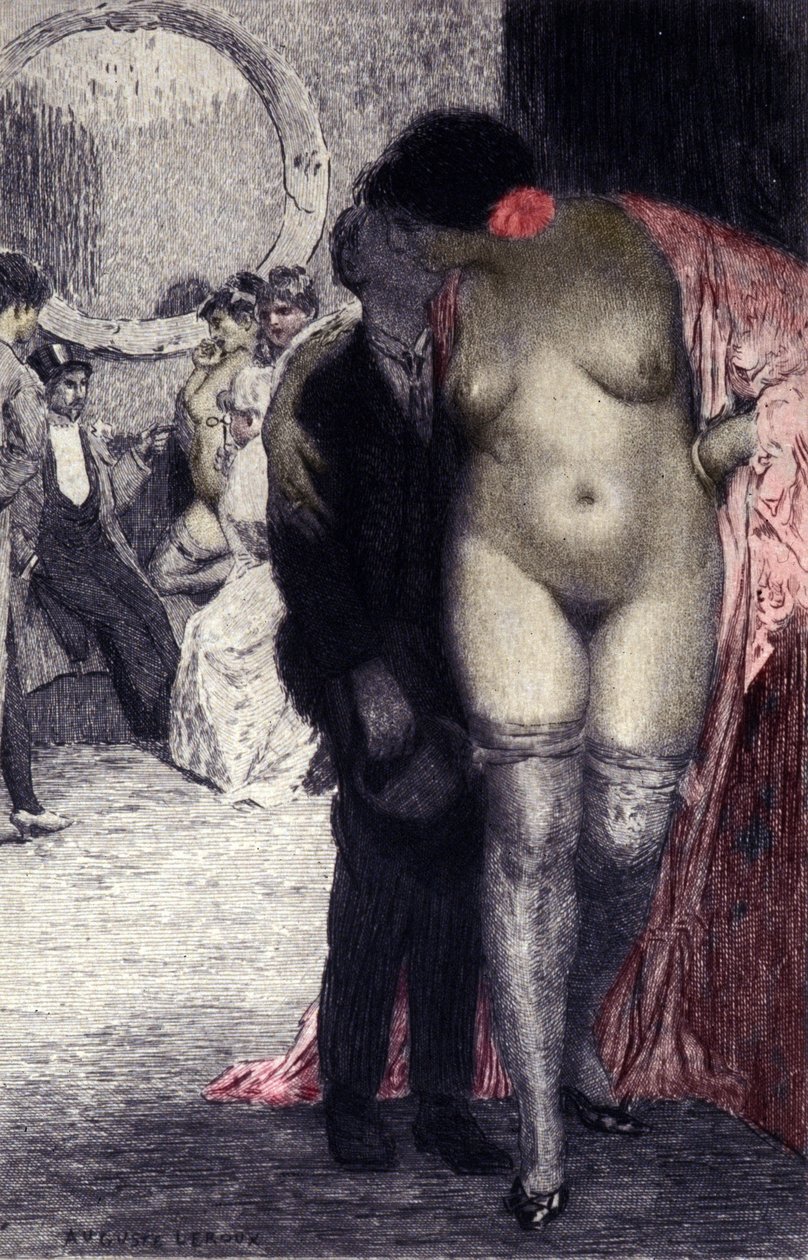 Interno di un bordello francese (brothel). Un cliente con una prostituta. Illustrazione di Auguste Leroux (1871-1954) da Auguste (after) Leroux