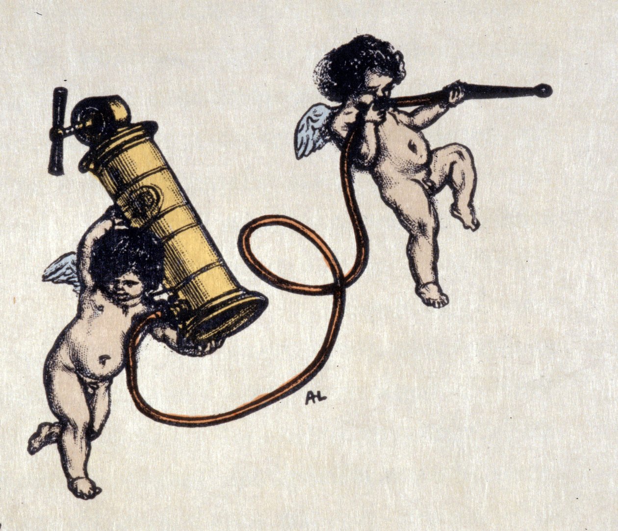 Le gioie del clistere. Due angeli con una pompa per clistere. Illustrazione di Auguste Leroux (1871-1954) da Auguste (after) Leroux