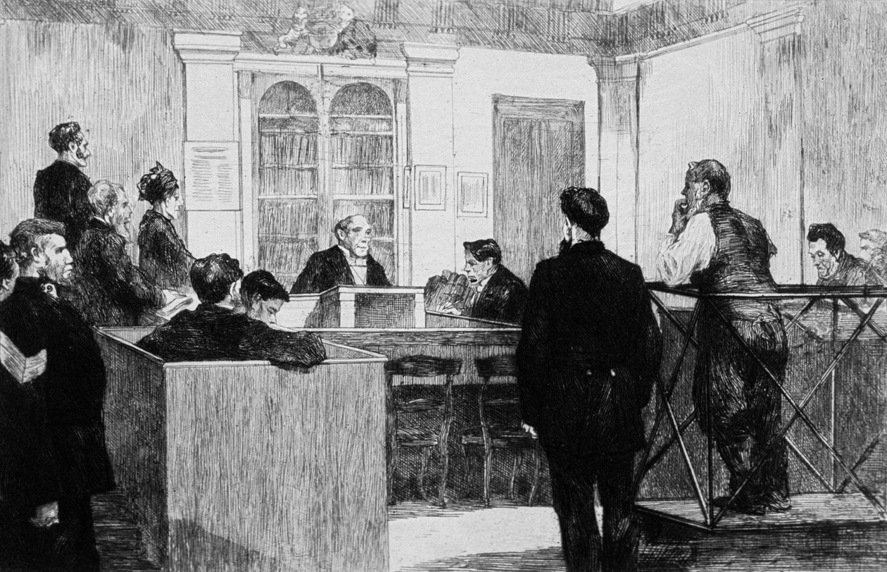 Tribunale di Bow Street a Londra nel 1884 da Auguste Andre Lancon