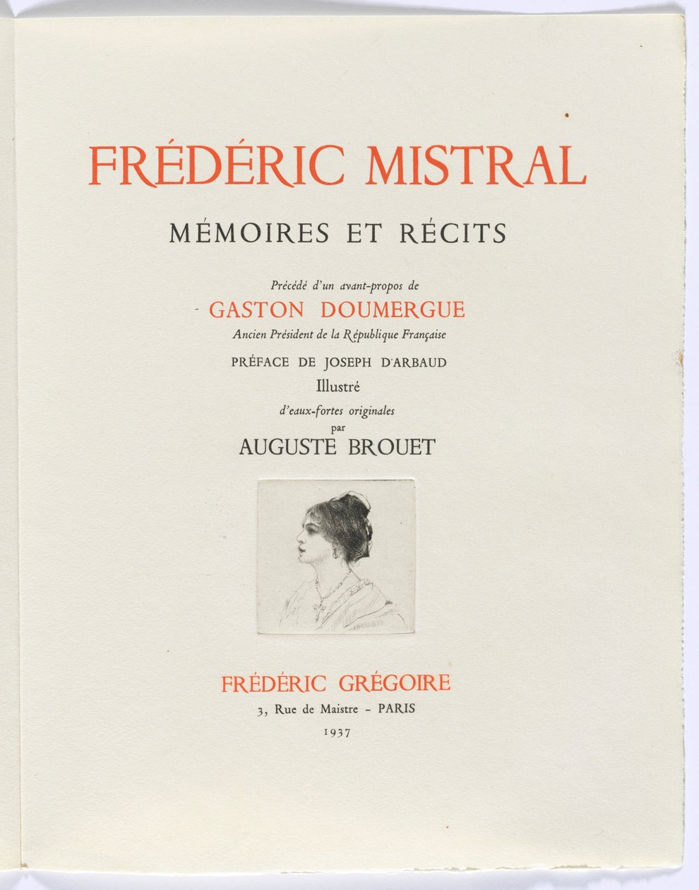 Frédéric Mistral: Mémoires et Recits di Frédéric Mistral: frontespizio, busto di donna di profilo da Auguste Brouet
