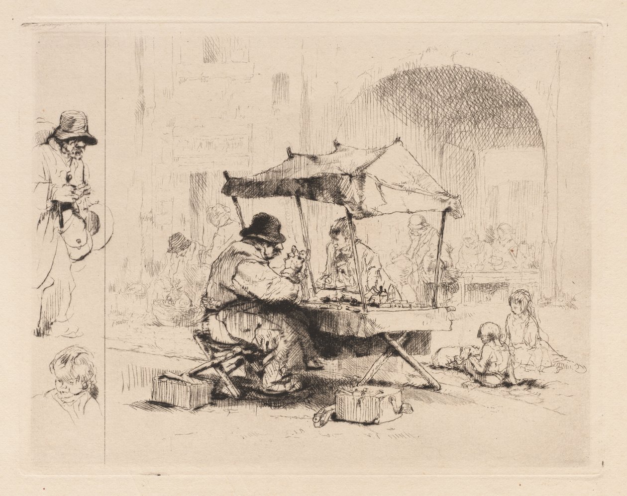 [Mercante nella sua bancarella con bambini che giocano] da Auguste Brouet