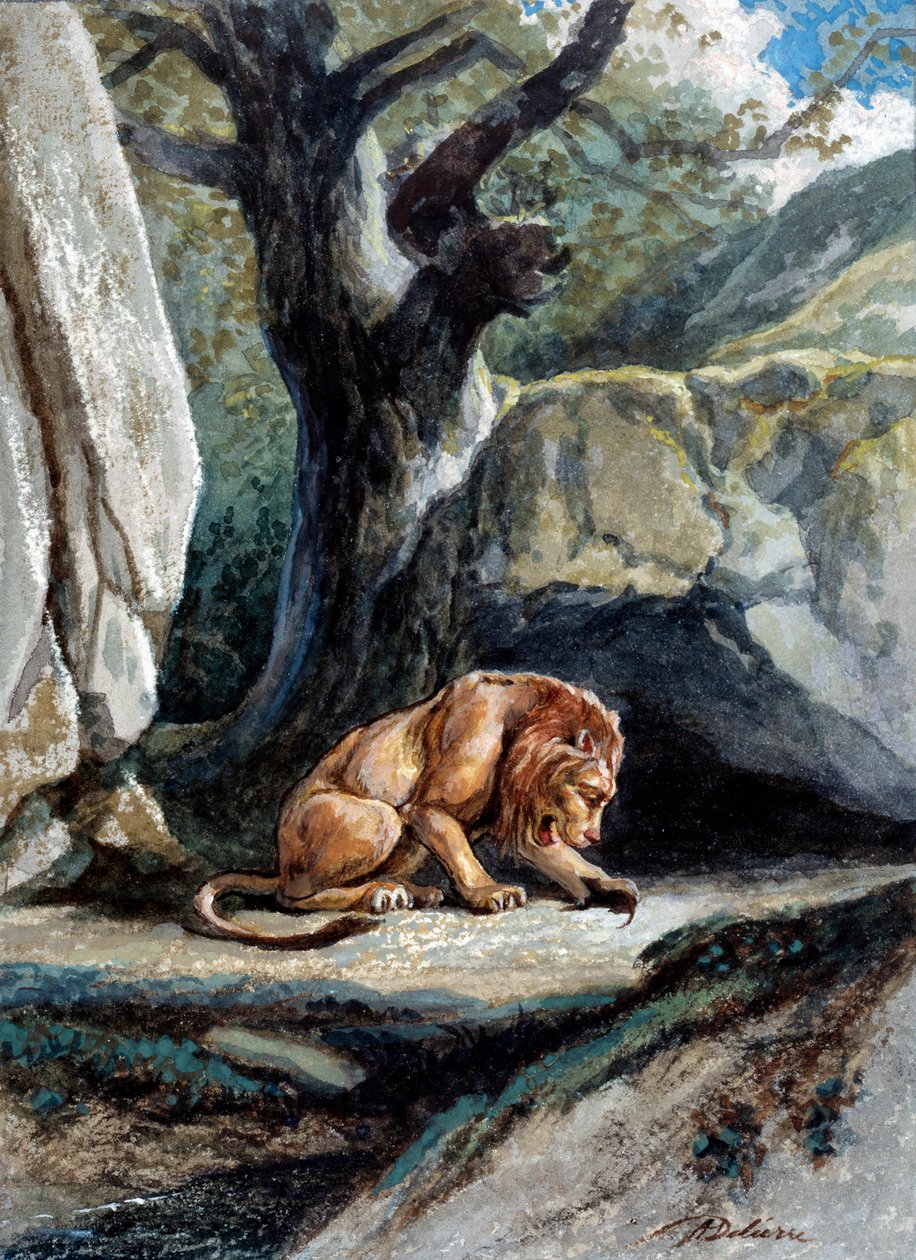 Illustrazione della favola "Il leone e il topo" di Jean de La Fontaine. Acquerello di Auguste Delierre (1829-c.1890) da Auguste Delierre