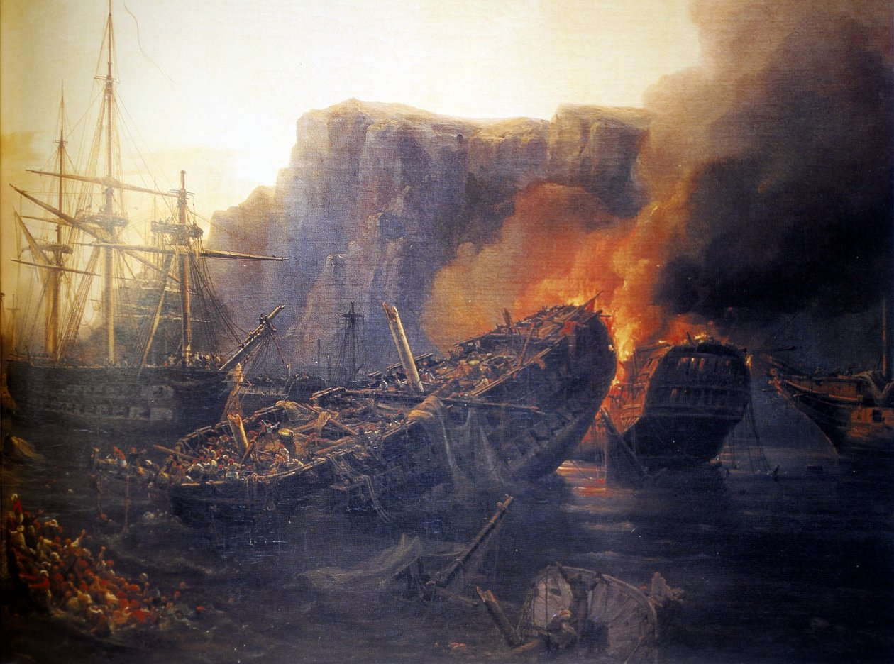 Francese:  Le soir de la bataille de Navarin, 1827 Serata della battaglia di Navarino da Auguste Etienne Francois Mayer