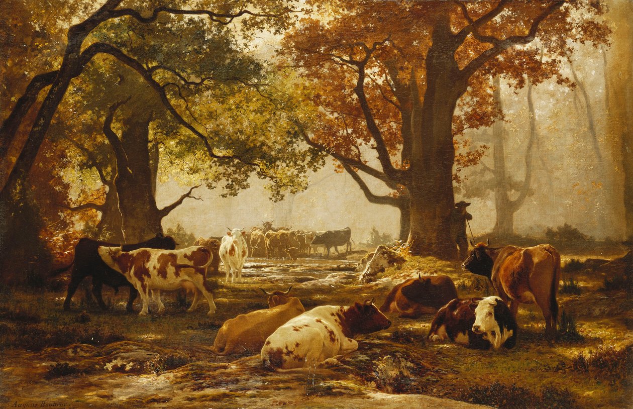 Bovini in un paesaggio fluviale boscoso da Auguste Francois Bonheur