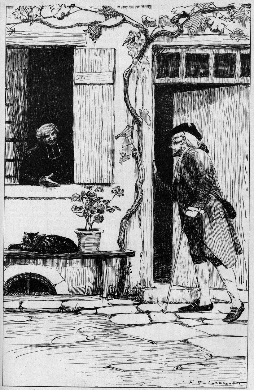 La parrocchia del villaggio di Ermenonville invita il filosofo Jean Jacques Rousseau (1712-1778) a entrare nel suo presbiterio. Oise (60). Illustrazione di Auguste Francois Gorguet da Auguste Francois Gorguet