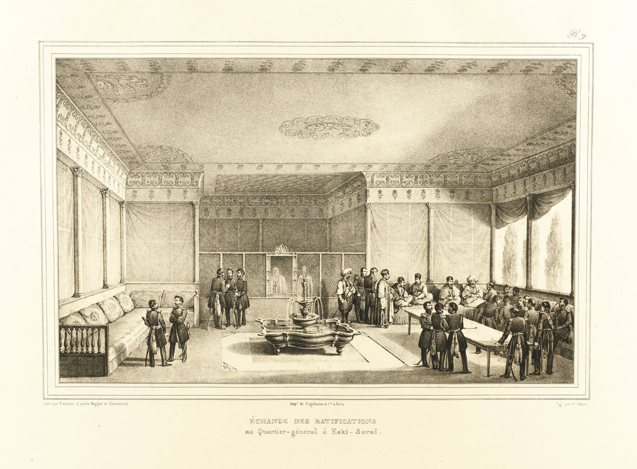 Firma del trattato di Adrianopoli al vecchio palazzo di Edirne, 1834 da Auguste Joseph Desarnod