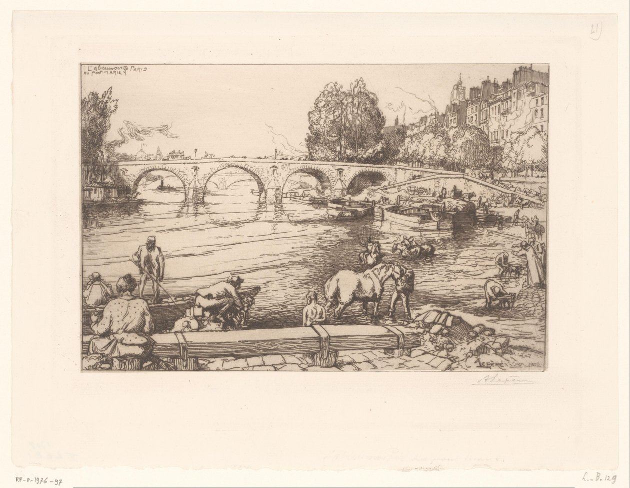 Vista del Pont Marie con figure nella Senna da Auguste Lepère (signed by artist)