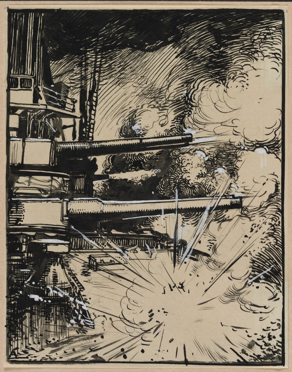 Bombe esplodenti su una corazzata con cannoni puntati, 1914 da Auguste Louis Lepère