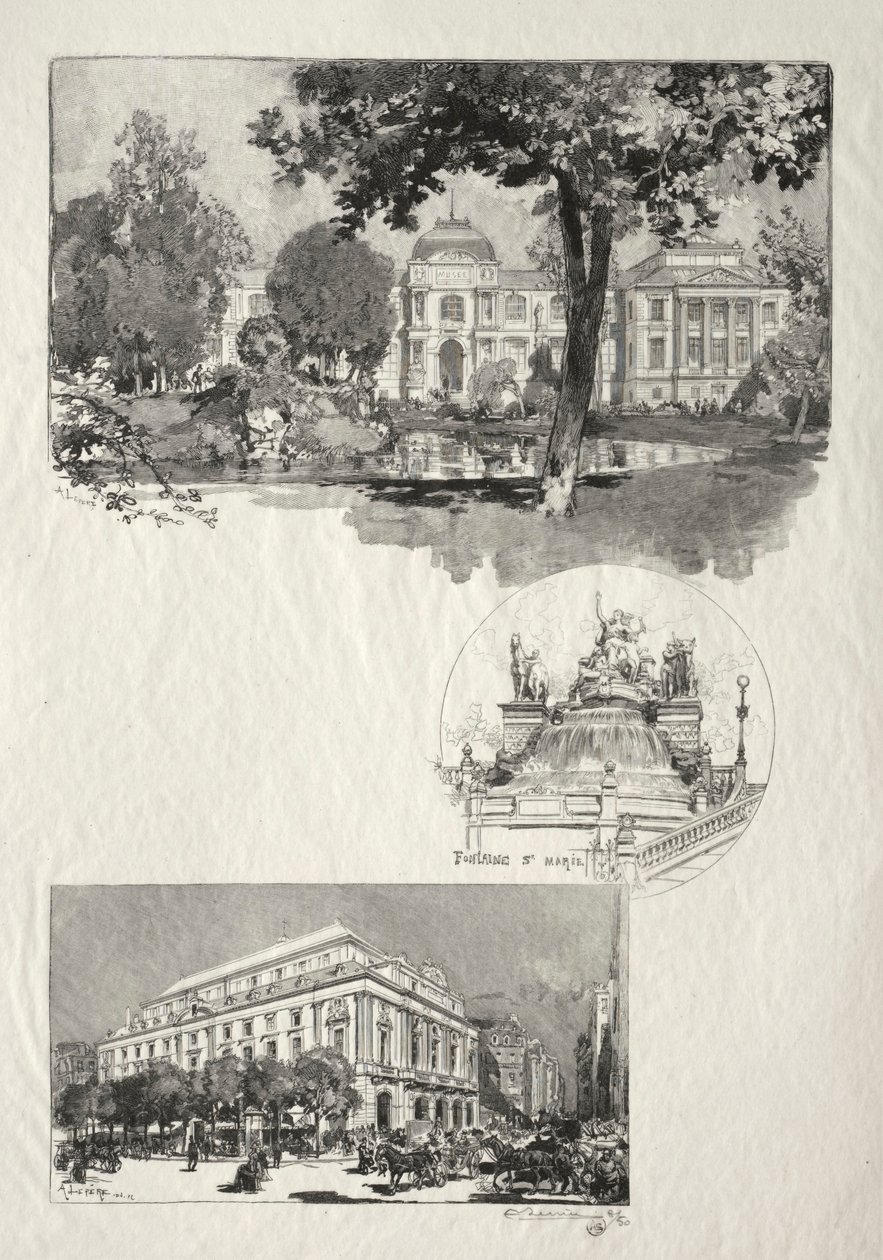 Rouen Illustré: Il Museo, Fontana St. Marie, Il Teatro delle Arti, 1896 da Auguste Louis Lepère