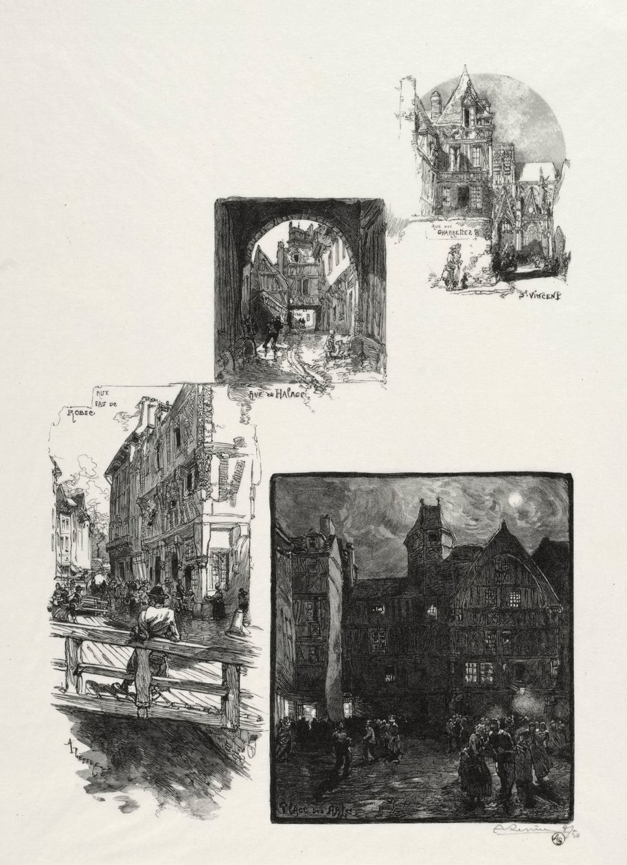 Rouen Illustré: Rue des Charretes, Rue de Halage, Rue Eau de Robec, Place des Arts, 1896 da Auguste Louis Lepère