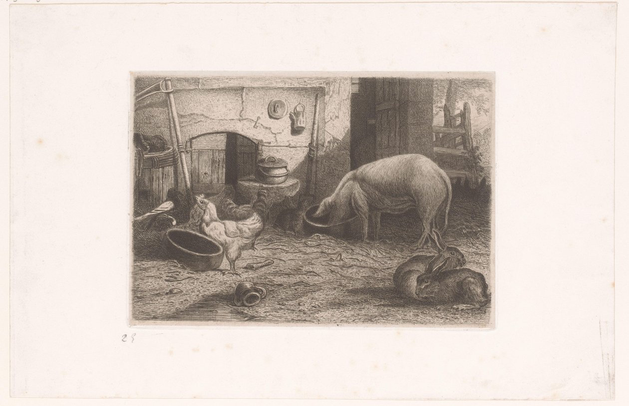 Maiale, galline e conigli vicino a un capanno da Auguste Numans (attributed to)