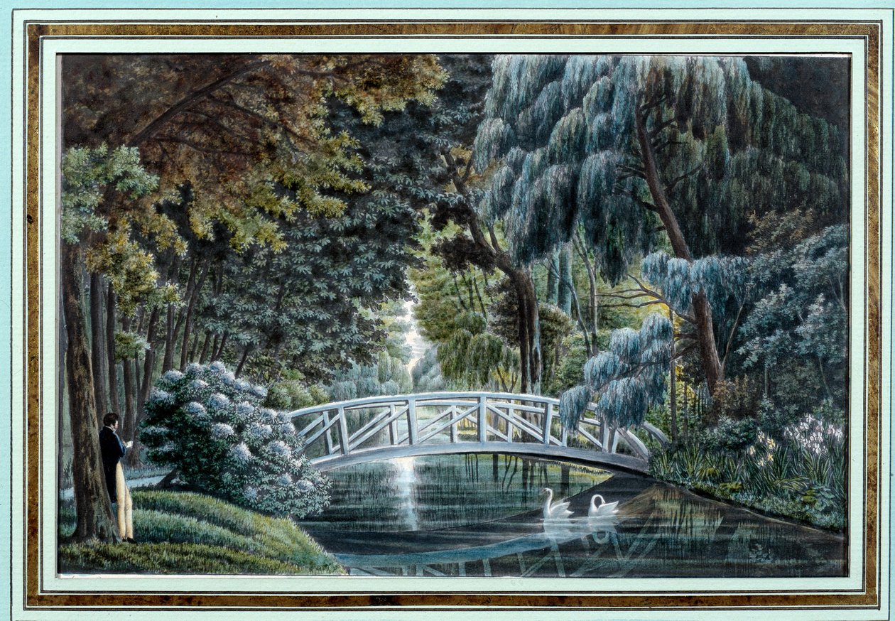 Vista del ponte di legno sul fiume a sinistra del castello di Malmaison da Auguste Simon Garneray