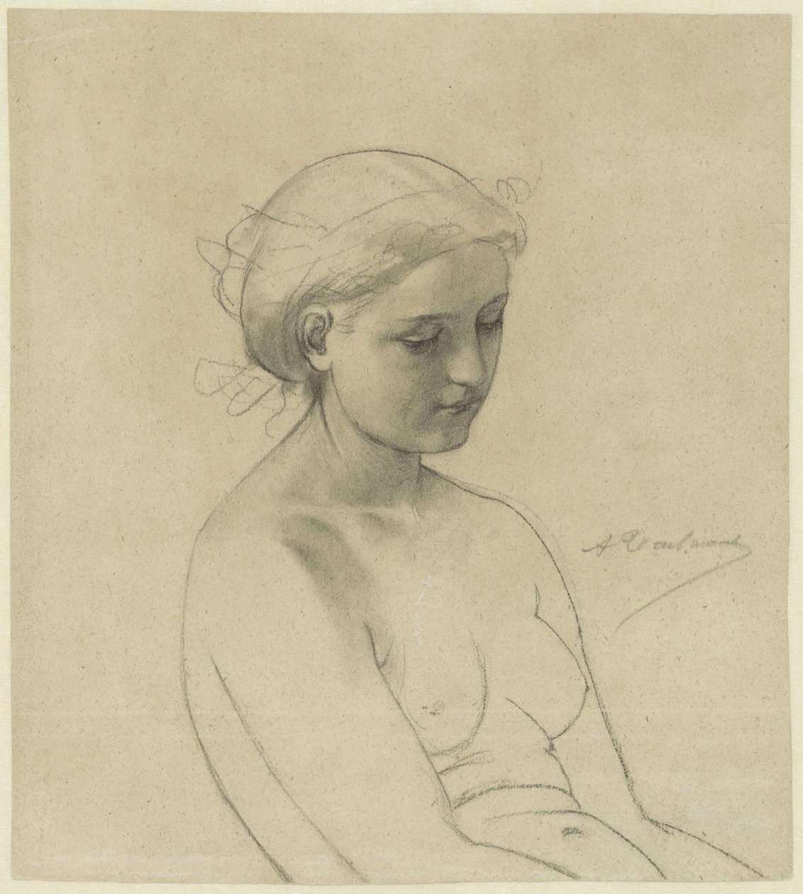 Nudo femminile seduto, tre quarti verso destra, mezzo busto da Auguste Toulmouche