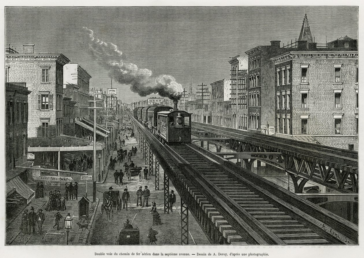 Doppio binario della Ferrovia Aerea sulla Settima Avenue, New York, New York. Edouard de Laveleye, nel 1878-1879, pubblicato in Le tour du monde, sotto la direzione di Edouard Charton (1807-1890) da Auguste Victor Deroy