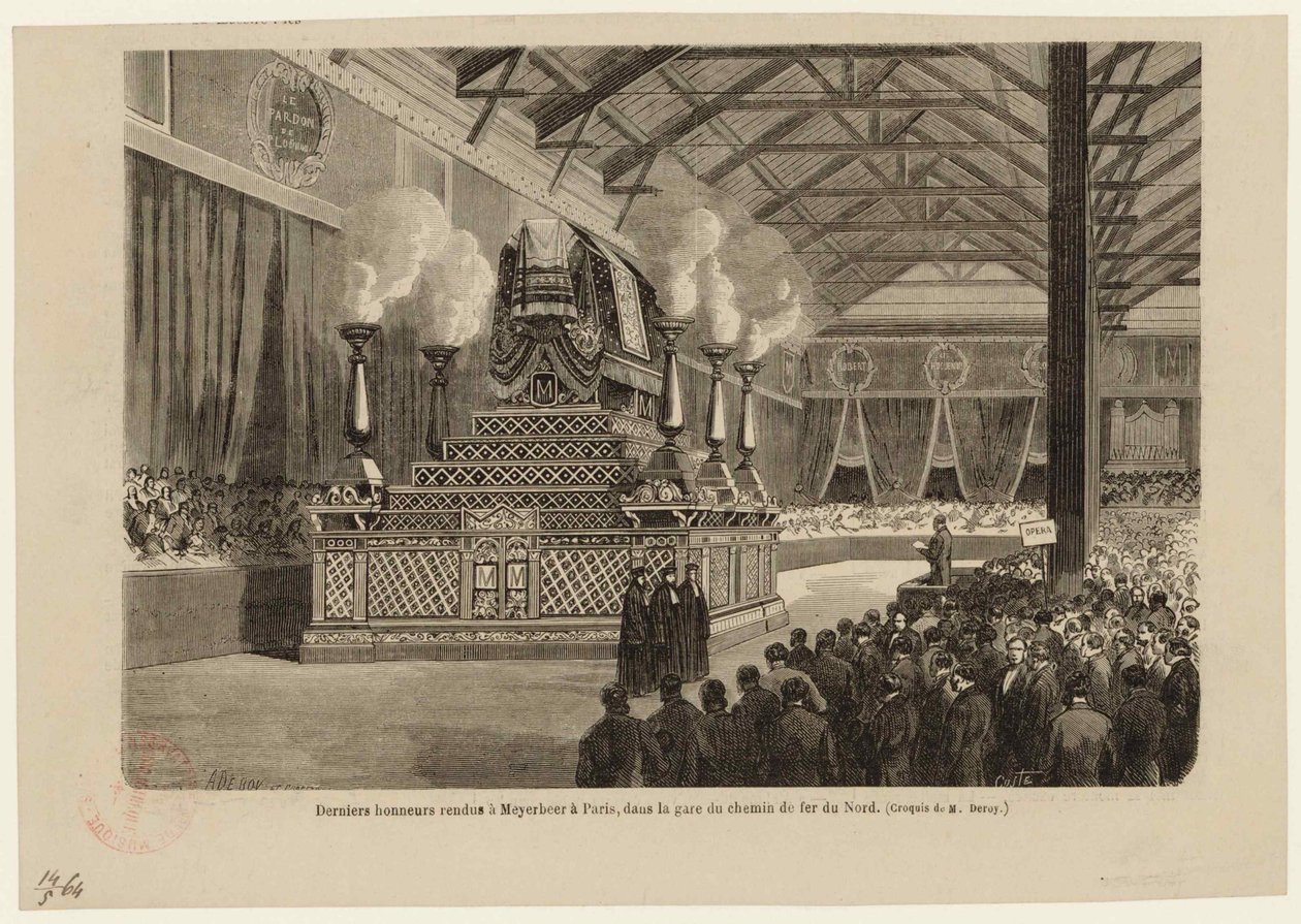 Ultimi onori a Giacomo Meyerbeer a Parigi, alla Stazione Ferroviaria del Nord il 6 maggio 1864, ca 1864 da Auguste Victor Deroy