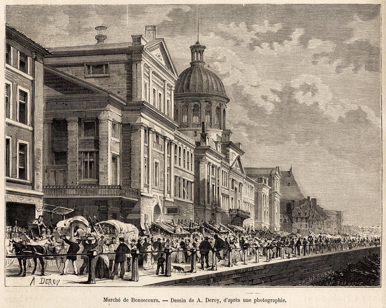 Le marché de Bonsecours, centro turistico e culturale di Montreal, inciso da un disegno di A.Deroy, illustrando l