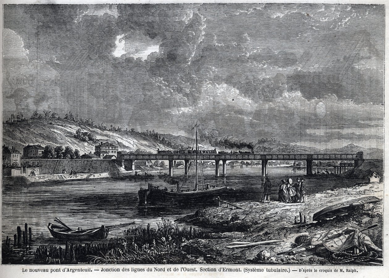 Il nuovo ponte ad Argenteuil. Giunzione delle linee Nord e Ovest. Sezione di Ermont (sistema tubolare). Incisione dopo uno schizzo di Ralph in "Le Monde illustré", 29/08/1863. Collezione privata. da Auguste Victor Deroy