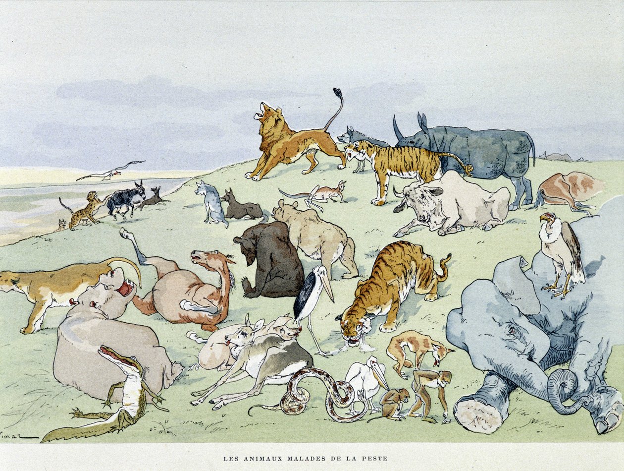 Les animaux malades de la peste - in "Le favole di La Fontaine", ill. di Auguste Vimar (1851-1916), Tours, presso A, Mame & Fils da Auguste Vimar