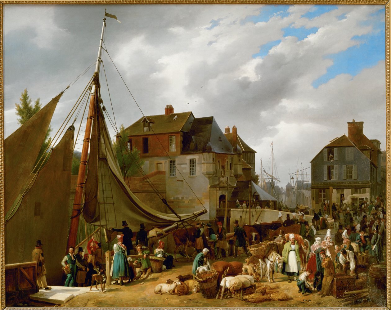 Imbarco di bestiame sulla nave "Le Passager" nel porto di Honfleur, Francia ... da Auguste Xavier Leprince
