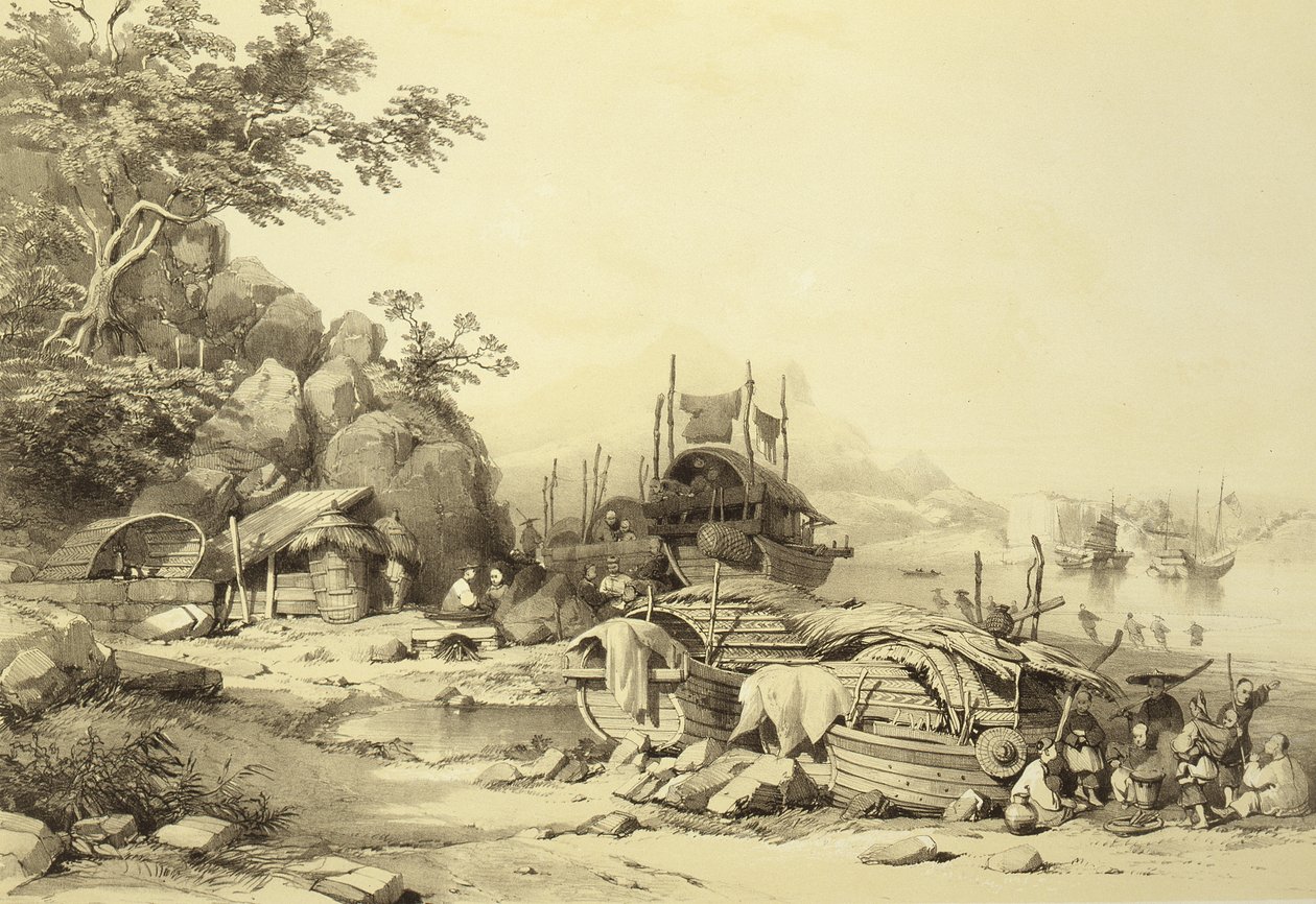 House Boats nella baia di Cowloon, tavola 6 da Schizzi della Cina, incisa da Eugene Ciceri, 1842 da Auguste after Borget