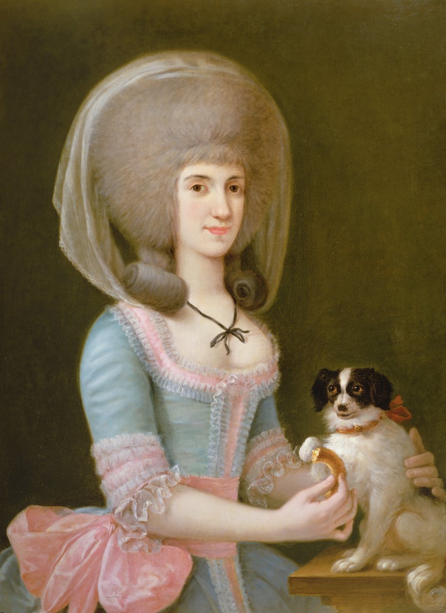 Ritratto di Dona Maria Teresa Apodaca de Sisma che dà un bocconcino al suo cane da Augustin Esteve