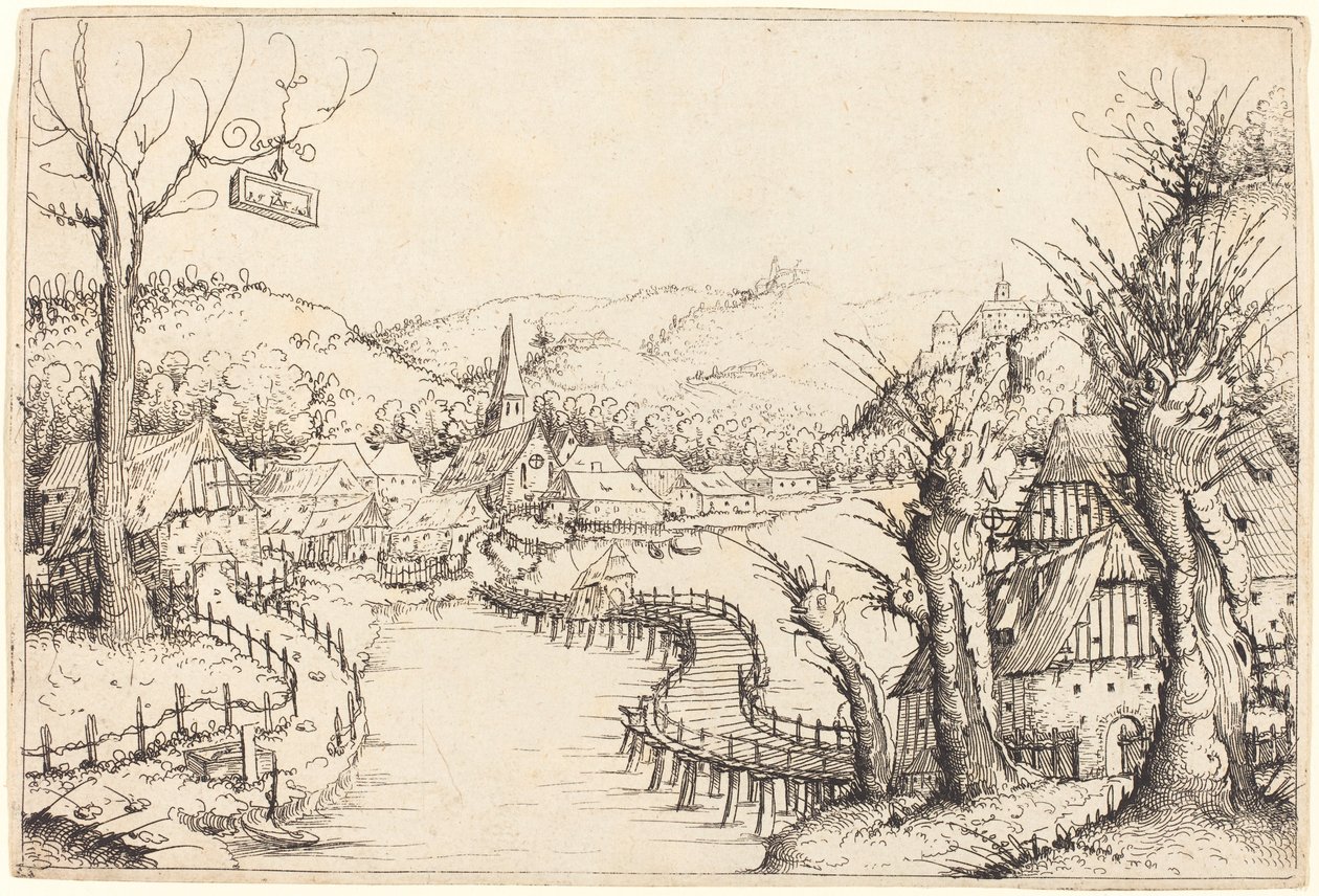 Paesaggio fluviale con ponte di legno da Augustin Hirschvogel