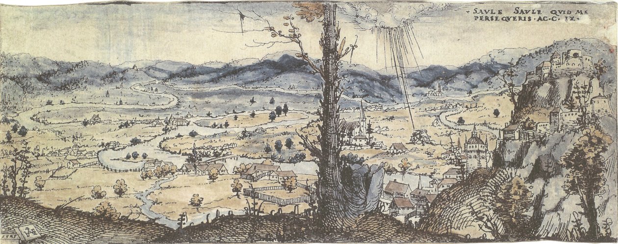 Paesaggio ampio attraversato da un fiume. In lontananza la conversione di Paolo da Augustin Hirschvogel