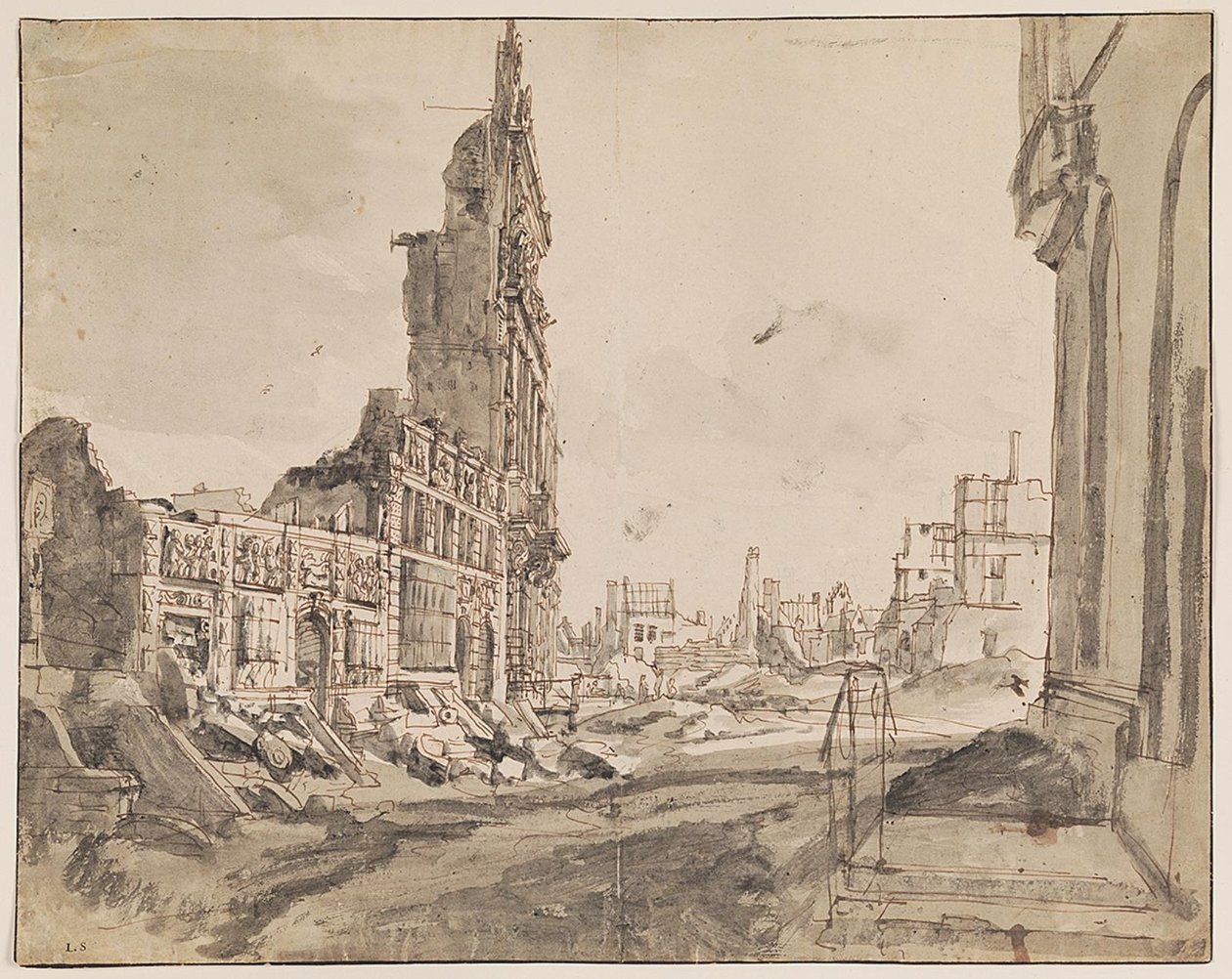 Vista degli angoli nord-est e nord-ovest di Grand Place dopo il bombardamento del 1695 da Augustin Coppens