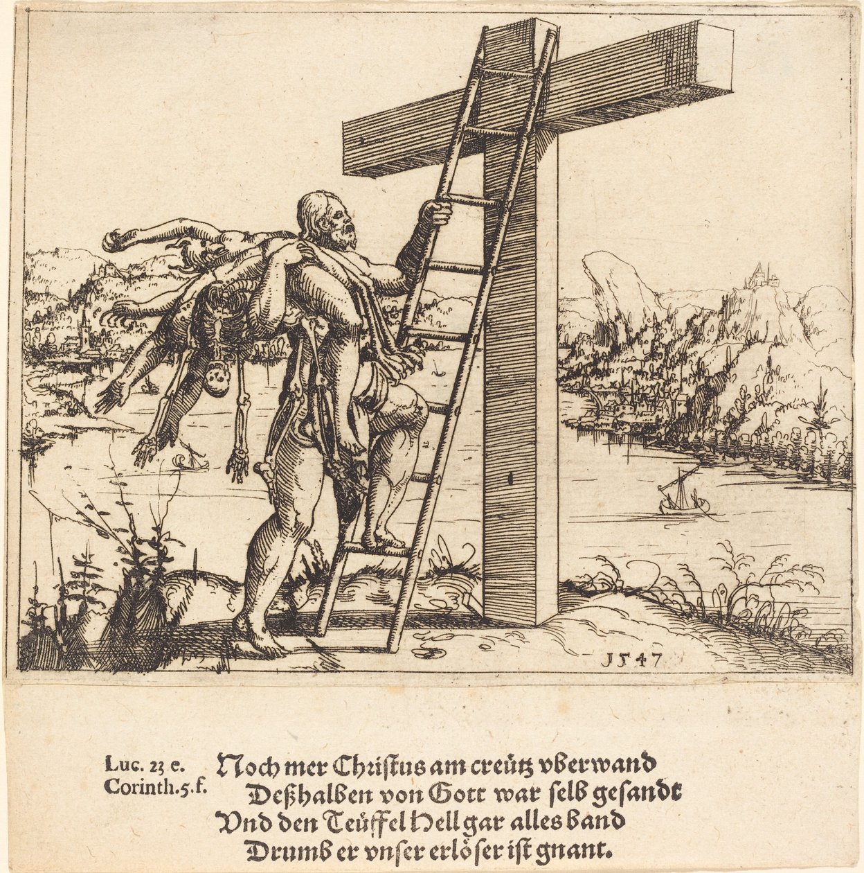 Cristo che ascende la croce con il peccato, la morte e il diavolo, 1547 da Augustin Hirschvogel