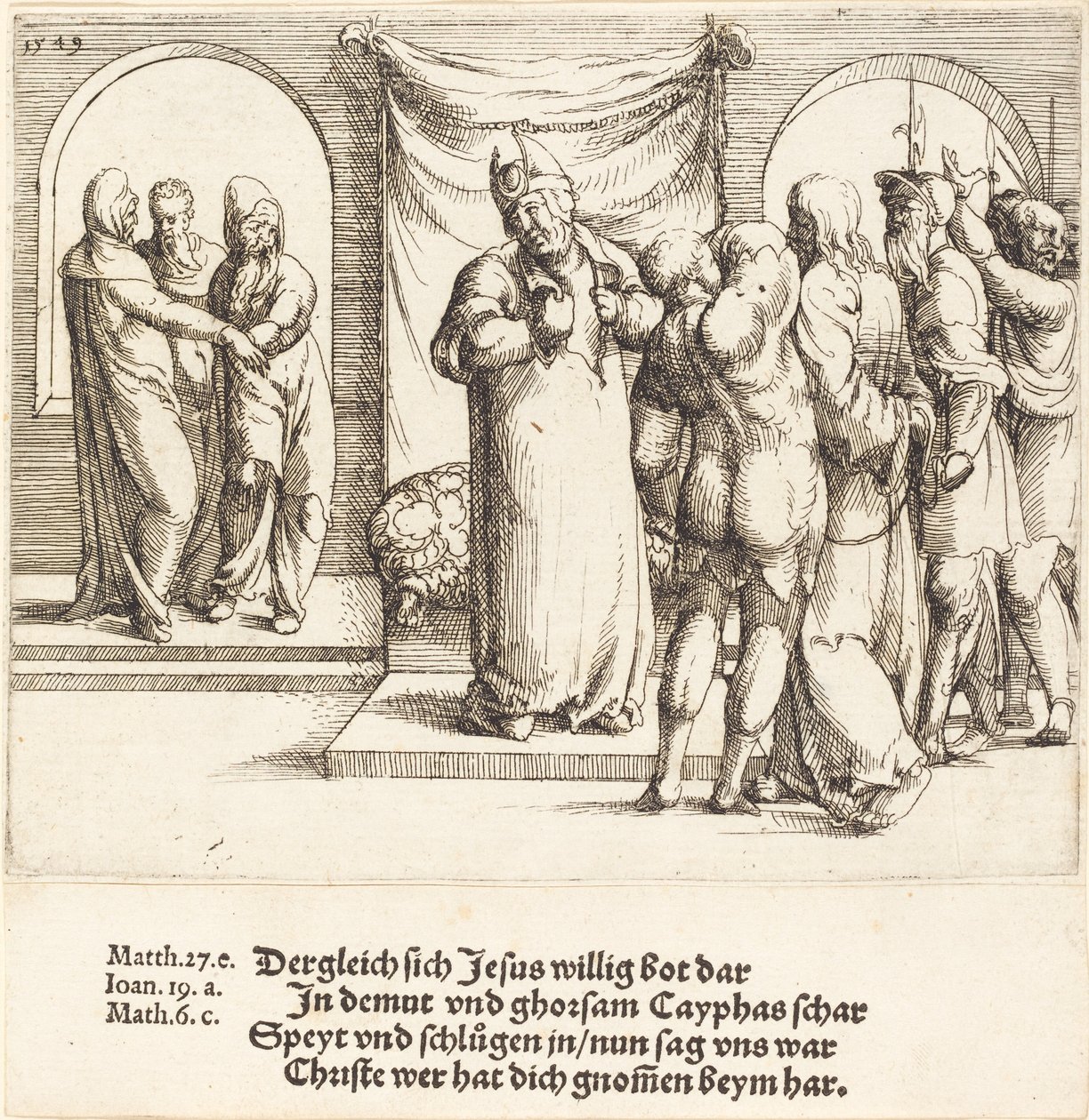 Cristo è deriso, e Caifa strappa le sue vesti, 1549 da Augustin Hirschvogel