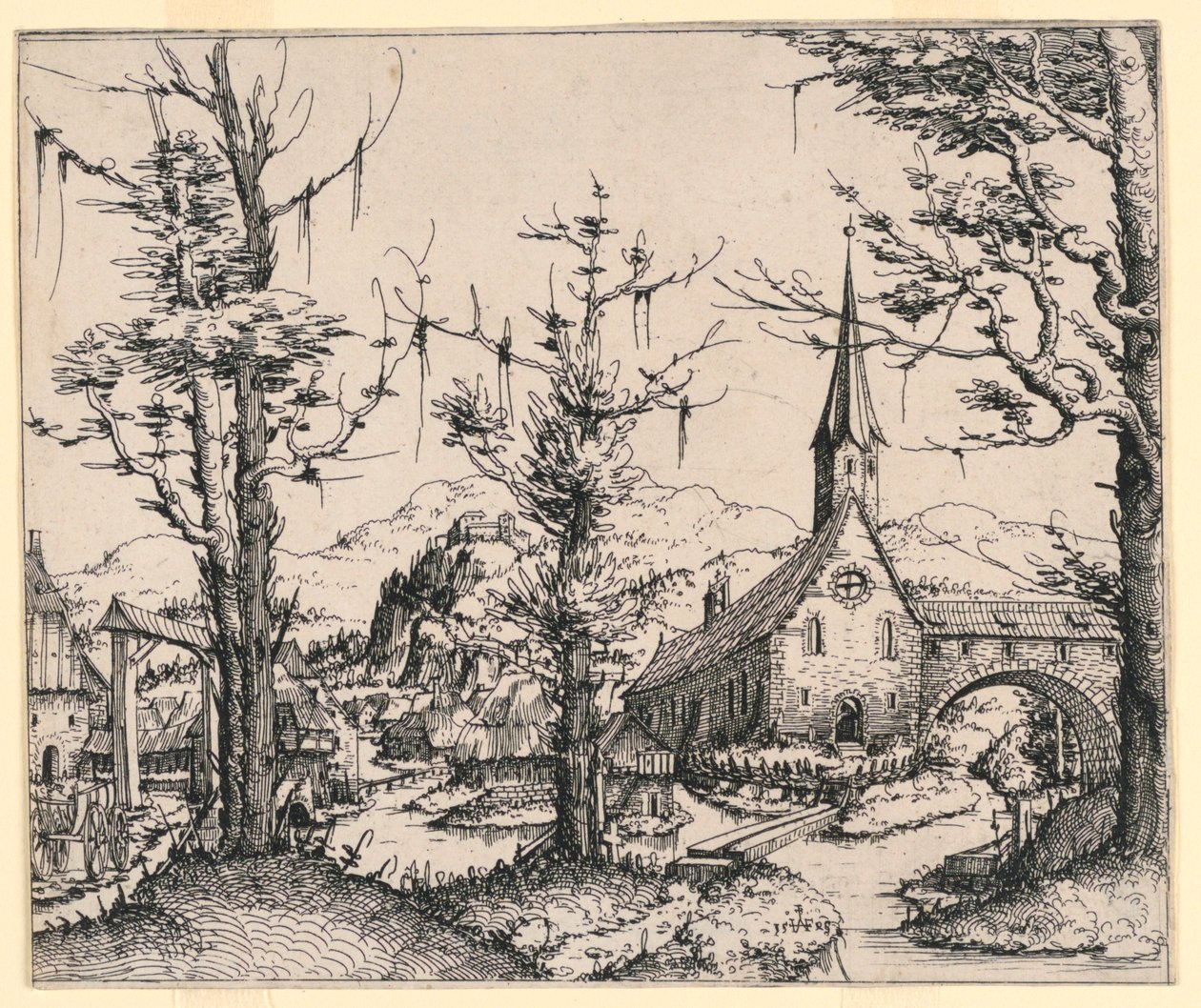 Chiesa vicino a un ruscello, attraversato da un ponte coperto da Augustin Hirschvogel
