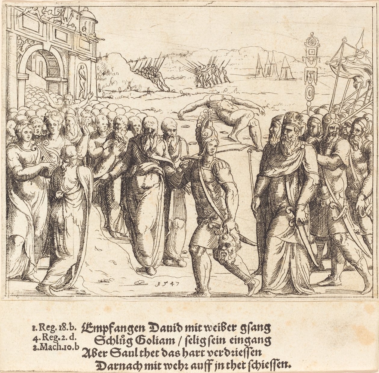 Davide è accolto dopo aver ucciso Golia, e la gelosia di Saul, 1547 da Augustin Hirschvogel