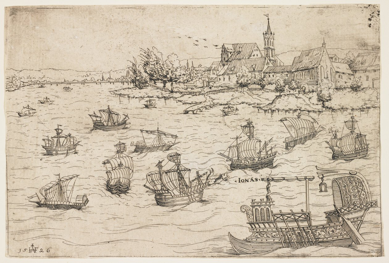 Giona e la balena su un lago con navi a vela, 1546 da Augustin Hirschvogel