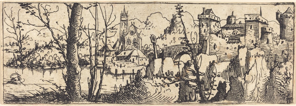 Paesaggio con castello a destra, circondato da rocce, 1546 da Augustin Hirschvogel