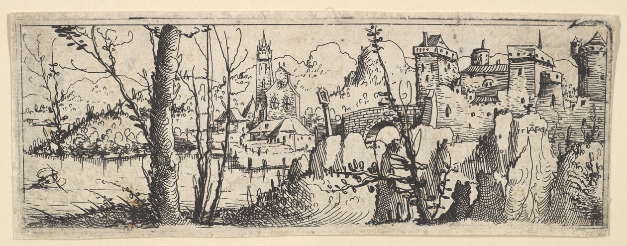 Paesaggio con Forte e una Chiesa su un Fiume da Augustin Hirschvogel