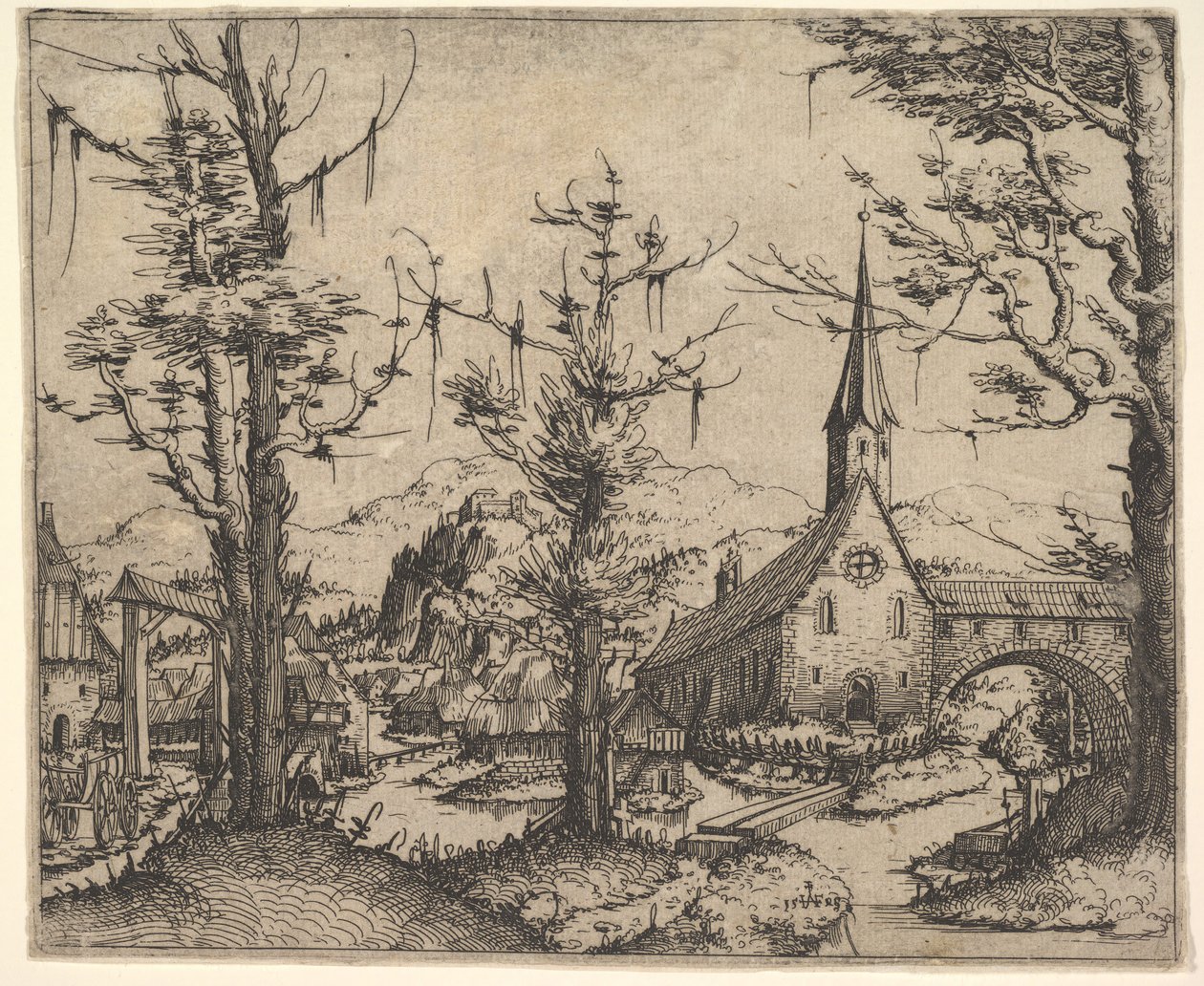 Paesaggio con quattro alberi e una chiesa a destra, 1545 da Augustin Hirschvogel