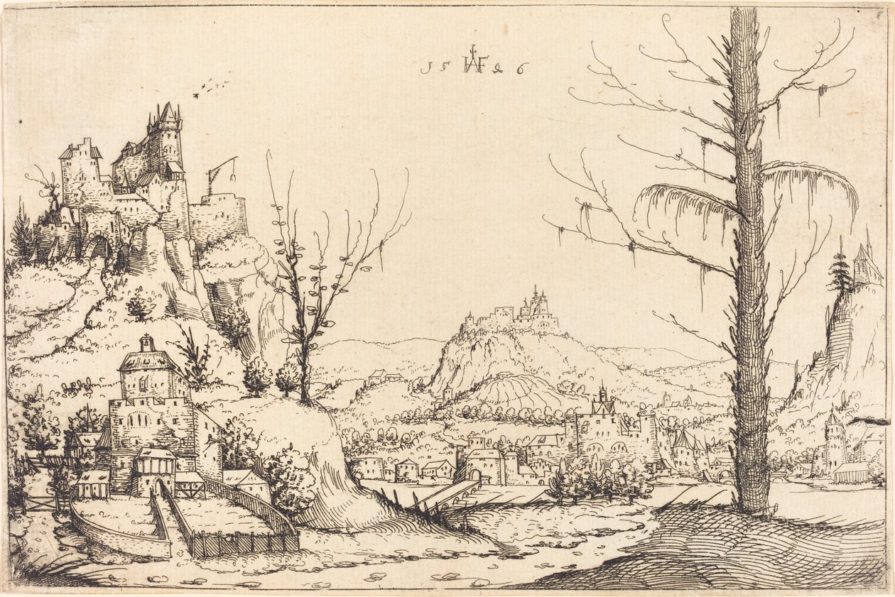 Paesaggio con alte scogliere, fiume e città da Augustin Hirschvogel
