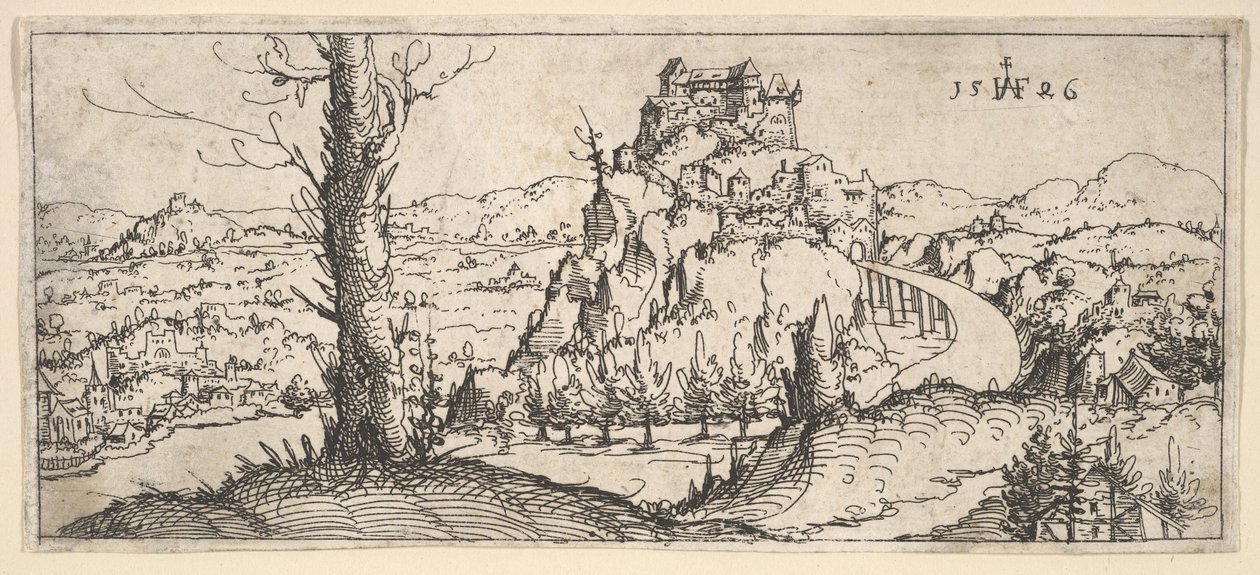 Paesaggio con alte rocce e fortezze, 1546 da Augustin Hirschvogel