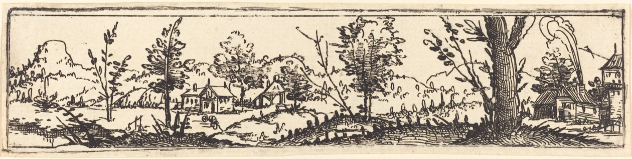 Paesaggio con sei alberi singoli e tre piccole fattorie da Augustin Hirschvogel
