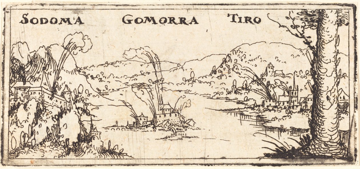 Paesaggio con Tre Città in Fiamme: Sodoma, Gomorra e Tiro da Augustin Hirschvogel