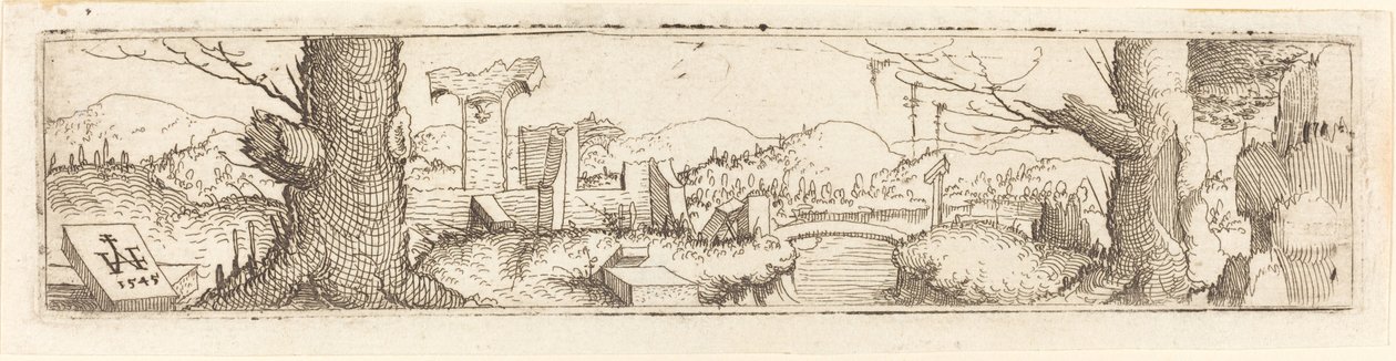 Paesaggio con ruscello e rovine da Augustin Hirschvogel