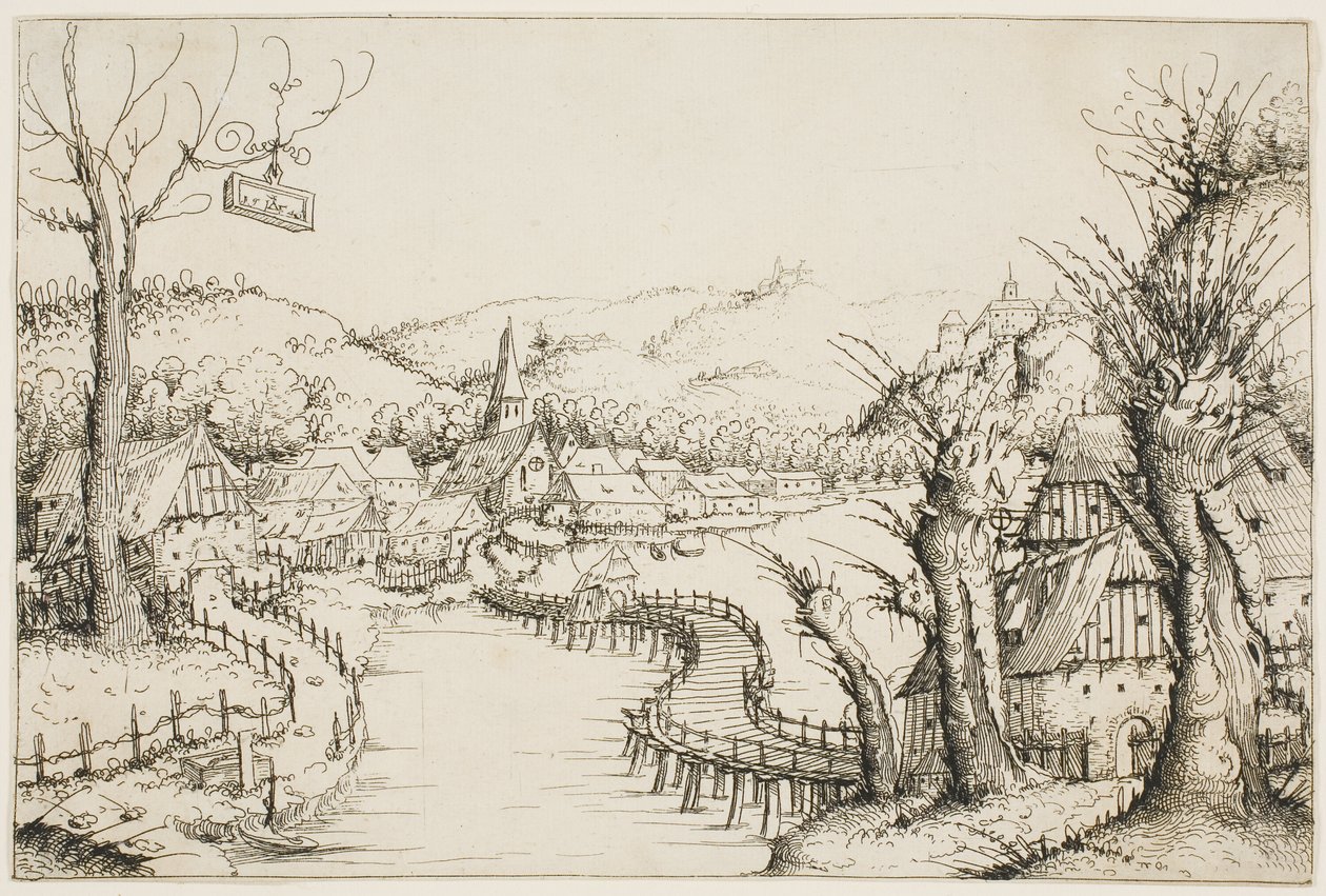 Paesaggio con ponte di legno curvo da Augustin Hirschvogel
