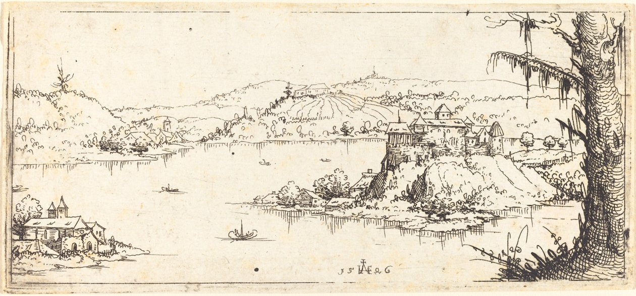 Paesaggio con grande lago al centro da Augustin Hirschvogel