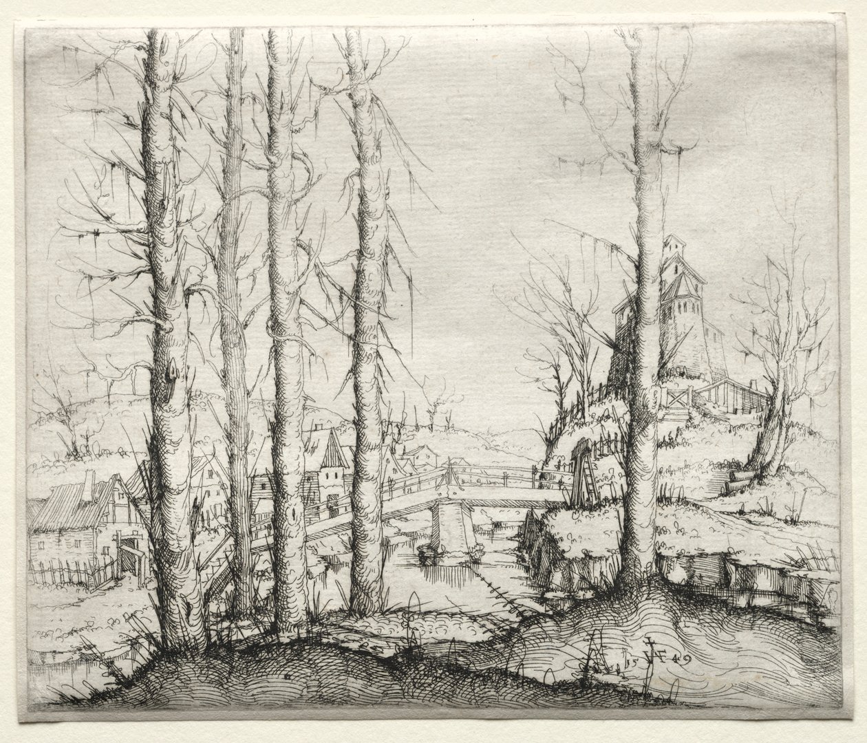Paesaggio fluviale con cinque abeti spogli in primo piano da Augustin Hirschvogel