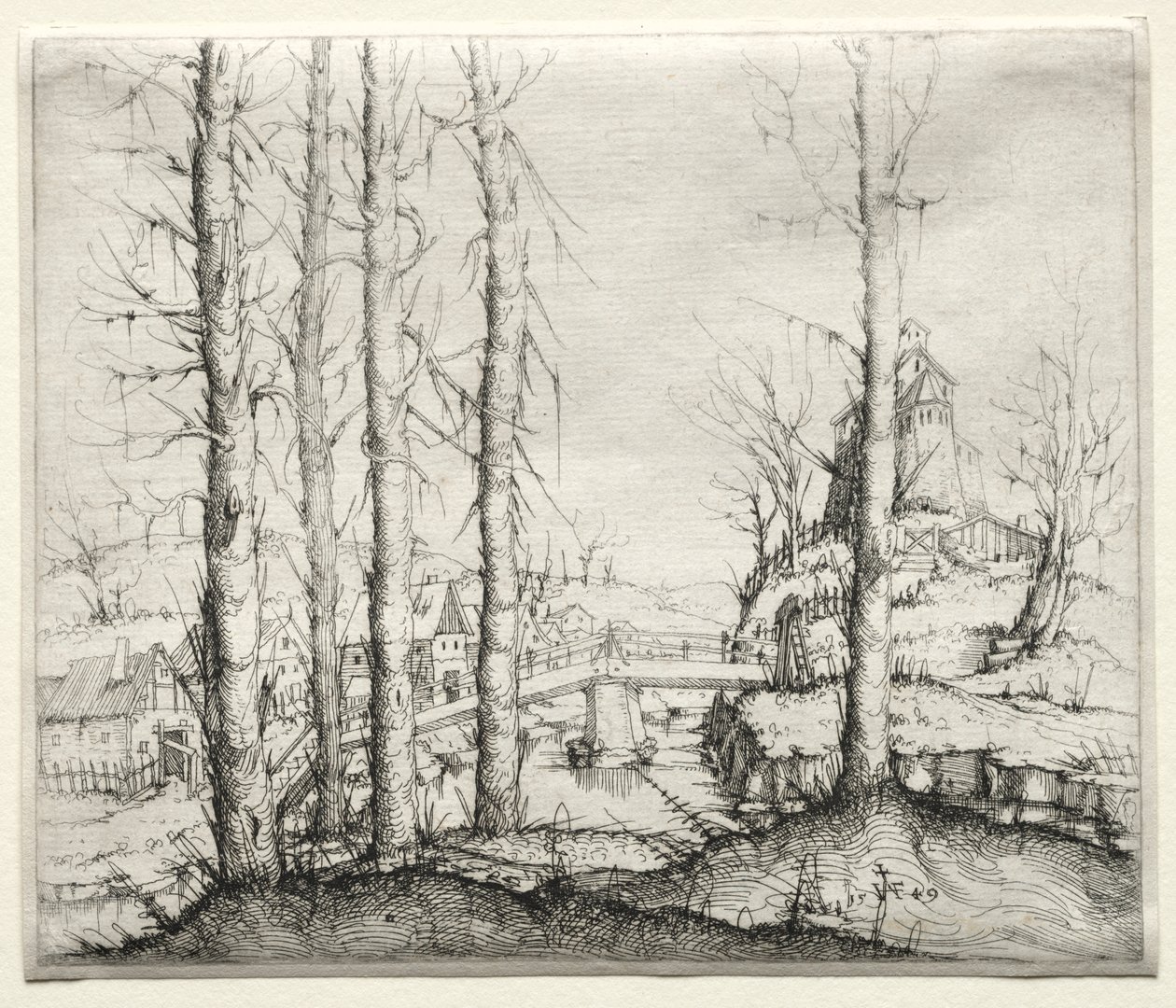 Paesaggio fluviale con cinque abeti rossi spogli in primo piano da Augustin Hirschvogel