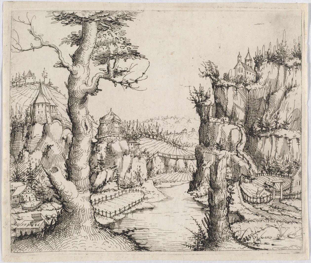 Paesaggio fluviale con alte scogliere da Augustin Hirschvogel