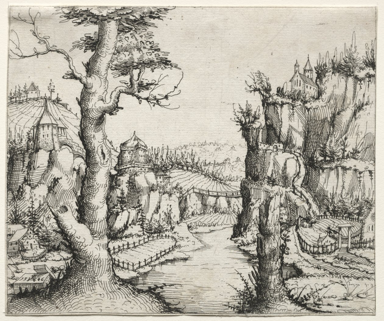 Paesaggio fluviale con rocce a sinistra e a destra da Augustin Hirschvogel
